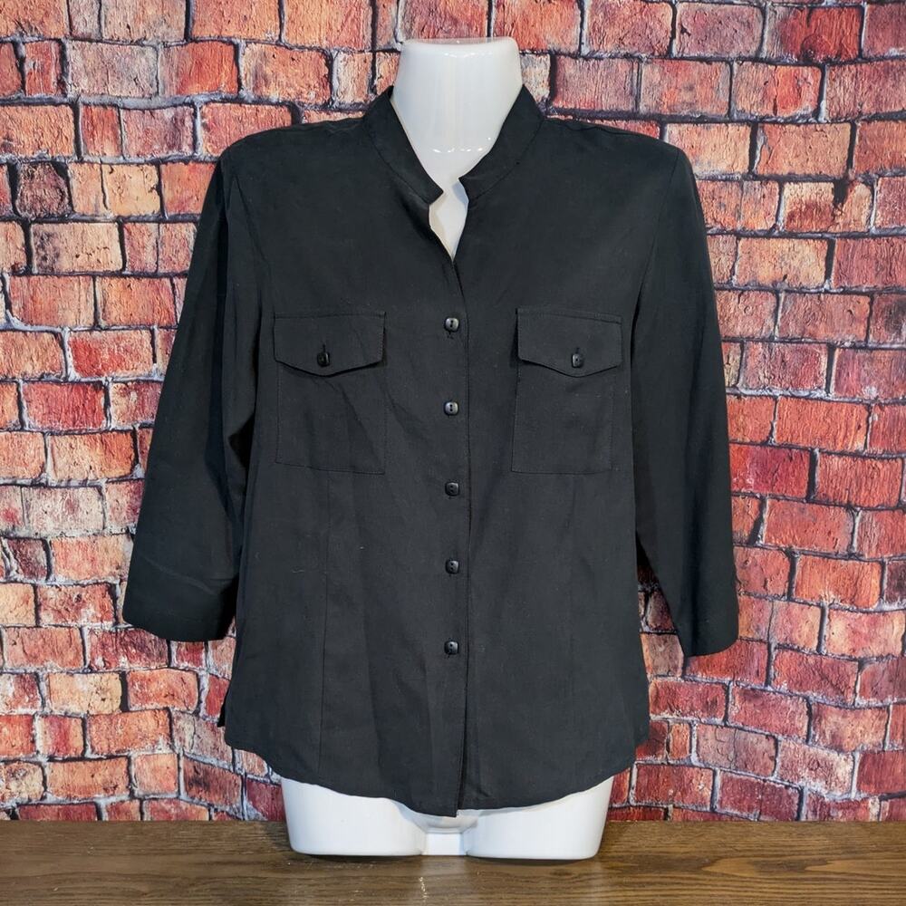 Vintage 80s Notations Black Silk Short Sleeve Button-up Size S